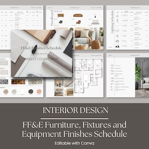 Plantilla de diseño de interiores FFE Acabados, muebles, herrajes y accesorios, plantilla Canva, con tablero de estado de ánimo, tablero de materiales - The Finley