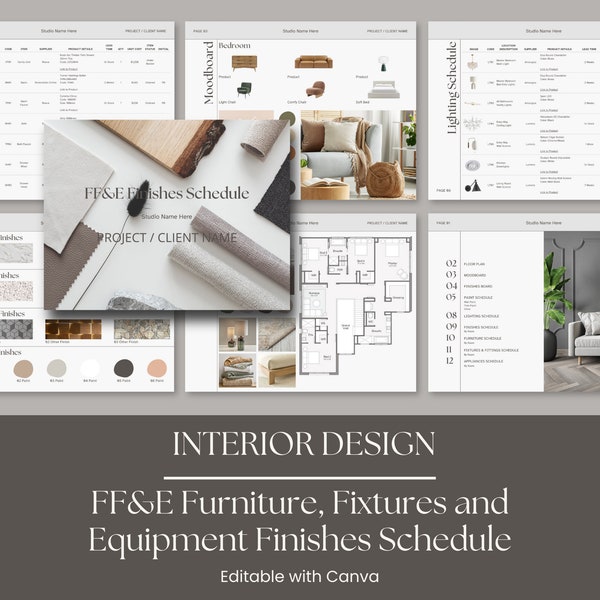 Interior Design Template FFE Finishes, Furniture, Hardware & Fixtures Schedule, Canva Template, with Mood Board, Materials Board