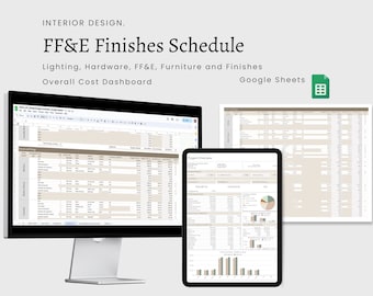 Interior Design FF&E Finishes Schedule | Google Sheets Spreadsheet | Project Management | Budget Tracker | Furniture