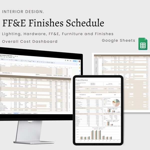 Interior Design FF&E Finishes Schedule | Google Sheets Spreadsheet | Project Management | Budget Tracker | Furniture