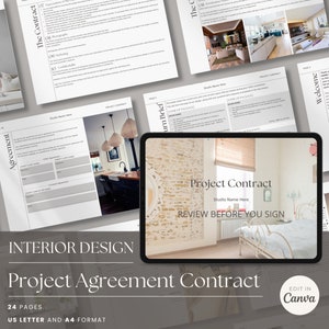 Pode incluir: Uma maquete digital de um modelo de contrato de acordo de projeto de design de interiores de 24 páginas. O modelo é projetado para uso com a plataforma de design online Canva. A imagem mostra um close-up da página do contrato com o texto "Project Contract" e "Studio Name Here" em uma fonte moderna. A página do contrato é exibida em um tablet com um fundo de parede de tijolo. A imagem também mostra outras páginas do modelo de contrato, incluindo uma página de boas-vindas, uma página de "turn brief" e uma página de acordo. O modelo é projetado para ajudar os designers de interiores a criar contratos profissionais e legalmente sólidos para seus clientes.
