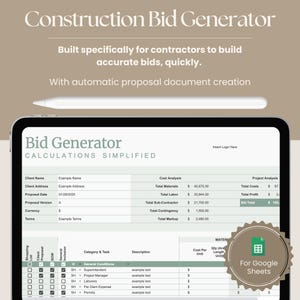 Op de afbeelding: Een screenshot van een computerscherm met een spreadsheet voor een bouwoffertegenerator. De spreadsheet heeft de titel "Offerte Generator: Berekeningen vereenvoudigd". De spreadsheet bevat kolommen voor klantnaam, klantadres, offerte datum, offerte versie, valuta, voorwaarden, kostenanalyse en projectanalyse. De spreadsheet bevat ook een sectie voor "Categorie & Taak" en "Beschrijving".