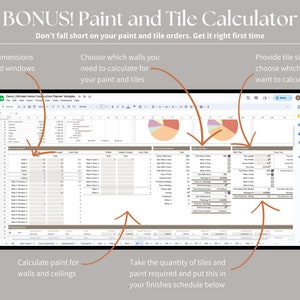 Puede incluir: Una pantalla de ordenador que muestra una hoja de c&aacute;lculo con una calculadora de pintura y azulejos. La hoja de c&aacute;lculo tiene columnas para las dimensiones de las habitaciones, las &aacute;reas de las paredes y los tama&ntilde;os de los azulejos. La hoja de c&aacute;lculo se titula "Ultimate Home Construction Planner Templates".