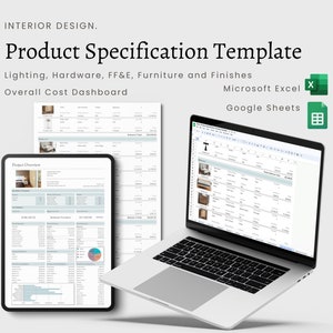Modello di specifiche di prodotto Excel per Google Sheets di progettazione d'interni, programma di finiture, programma FF&E, programma di mobili, progettazione elettronica
