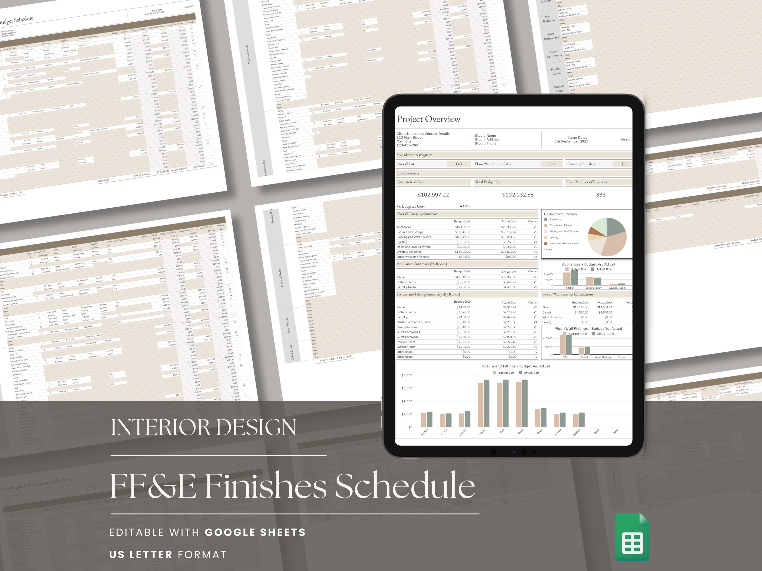 Interior Design FF&E Finishes Schedule | Google Sheets Spreadsheet | Project Management | Budget Tracker | Furniture