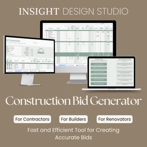 May include: A digital construction bid generator software displayed on two computer monitors and one laptop screen. The interface features spreadsheets with green and white cells, project estimation fields, and instructional text for contractors, builders, and renovators.