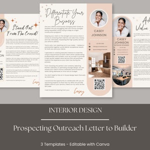 Puede incluir: Un conjunto de tres plantillas de diseño de interiores con una paleta de colores neutros. Las plantillas presentan el nombre "Casey Johnson" e incluyen texto como "Stand Out From The Crowd!" y "Differentiate Your Business."