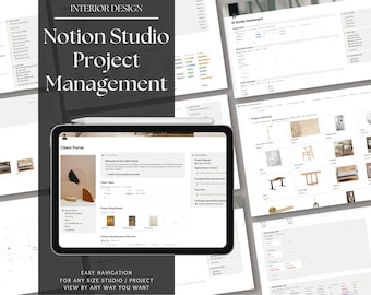 Puede incluir: Una captura de pantalla de una pantalla de ordenador que muestra un espacio de trabajo de Notion para la gestión de proyectos de diseño de interiores. El espacio de trabajo está dividido en secciones para el portal del cliente, el resumen del proyecto, el panel de control del estudio y las especificaciones de los productos. El espacio de trabajo está diseñado para ayudar a los diseñadores de interiores a gestionar sus proyectos de forma eficiente.