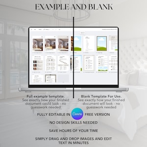 May include: A laptop screen displaying a Canva template for a customer welcome pack. The left side shows a completed example with multiple pages, while the right side shows a blank template. The text on the screen reads "FULLY EDITABLE IN Canva FREE VERSION NO DESIGN SKILLS NEEDED SAVE HOURS OF YOUR TIME SIMPLY DRAG AND DROP IMAGES AND EDIT TEXT IN MINUTES".