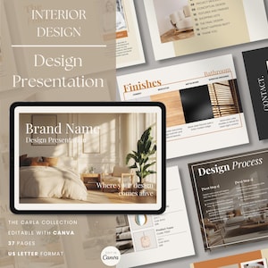 May include: A presentation template for interior design businesses. The template features a modern, minimalist design with a neutral color palette of beige, brown, and white. The template includes a variety of slides, such as a welcome slide, a slide about the design process, a slide about finishes, and a slide about the bathroom. The template is editable with Canva and includes 37 pages in US letter format.
