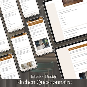 Può includere: Un questionario di progettazione della cucina con domande a scelta multipla su schermi di tablet e smartphone. Il questionario chiede informazioni sulle preferenze personali, lo stile della cucina, gli schemi di colori e le esigenze di accessibilità.