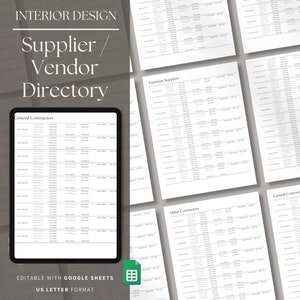 May include: A black and white printable spreadsheet template for interior designers to organise their supplier and vendor directory. The template is labelled "Interior Design Supplier/Vendor Directory" and includes categories such as "General Contractors", "Furniture Suppliers", "Other Contractors", and "Appliance Suppliers".
