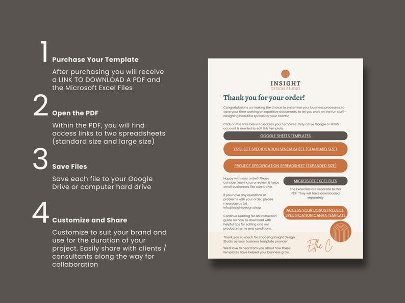 May include: A step-by-step guide on how to purchase, open, save, and customize a project specification template. The template is available in Google Sheets and Microsoft Excel formats. The image includes the text "Thank you for your order!" and "Access your bonus project specification Canva template."