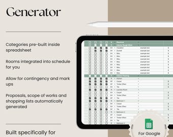 May include: A digital tablet displaying a spreadsheet with a green and white color scheme. The spreadsheet is titled "Construction Bid Generator" and includes categories like "Electrical", "Interior Rough Work", "Insulation", "Drywall", "Misc", and "Interior Flooring". The spreadsheet is designed for Google Sheets.