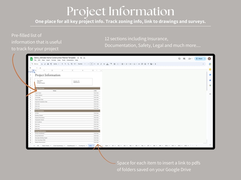 Puede incluir: Una captura de pantalla de una hoja de c&aacute;lculo de Google con el t&iacute;tulo "Informaci&oacute;n del proyecto". La hoja est&aacute; dividida en secciones con encabezados como "Detalles del sitio", "Informaci&oacute;n clave" y "Informaci&oacute;n existente". Cada secci&oacute;n tiene filas para diferentes detalles del proyecto, con columnas para "Nombre", "Detalles" y "Enlace". La hoja est&aacute; dise&ntilde;ada para ayudar a los usuarios a realizar un seguimiento de la informaci&oacute;n del proyecto y a enlazar con los documentos relevantes.