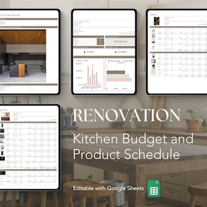 Kitchen Renovation Home Remodel Google Sheets Product Specification Budget Template, Finishes FF&E Furniture, Plumbing Schedule