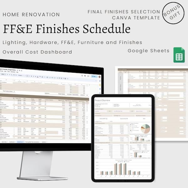 Home Renovation FF&E Finishes Schedule | Google Sheets Spreadsheet | Project Management | Budget Tracker | Furniture