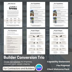 Może przedstawiać: Zestaw szablonów Builder Conversion Trio dla wykonawców i budowniczych. Obraz przedstawia trzy szablony: Oświadczenie o zdolnościach, Propozycję opłat i Pakiet powitalny dla klienta. Szablony mają na celu zaimponować, konwertować i zatrzymać klientów.