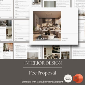 Puede incluir: Una plantilla de propuesta de honorarios para servicios de diseño de interiores. La plantilla es editable con Canva y PowerPoint. El documento incluye una sección para el nombre del cliente, un resumen de los honorarios y una descripción de los servicios ofrecidos. El documento también incluye imágenes de proyectos de diseño de interiores.