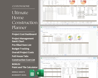 Construcción de viviendas definitiva, renovación, remodelación, construcción personalizada, Excel, Hojas de cálculo de Google, gestión de proyectos, diagrama de Gantt, hoja de cálculo, especificaciones de acabados