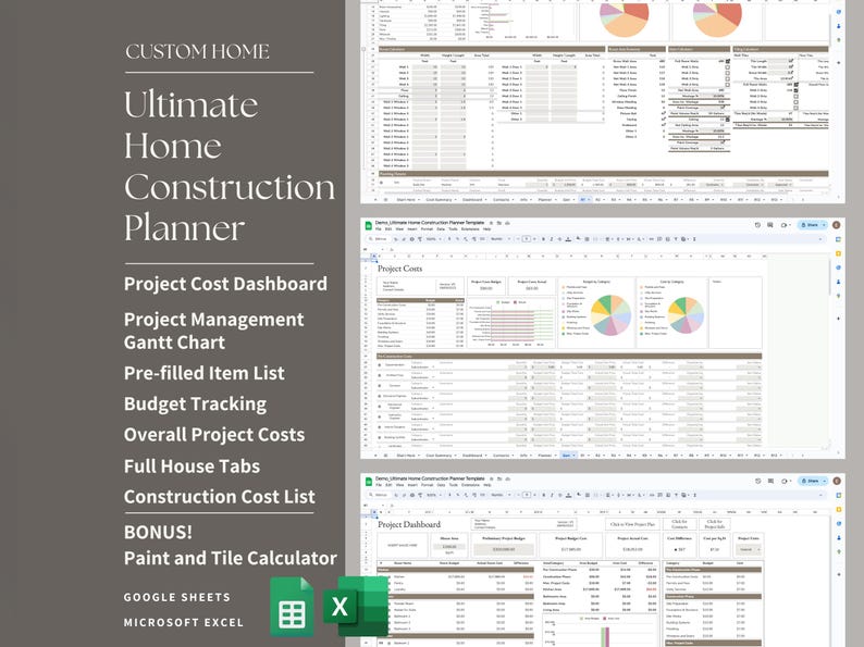 Puede incluir: Una plantilla de hoja de c&aacute;lculo para la planificaci&oacute;n de la construcci&oacute;n de una casa. La plantilla incluye secciones para el panel de control de costos del proyecto, la gesti&oacute;n del proyecto, el diagrama de Gantt, la lista de art&iacute;culos precompletada, el seguimiento del presupuesto, los costos generales del proyecto, las pesta&ntilde;as de la casa completa, la lista de costos de construcci&oacute;n y una calculadora de pintura y azulejos. La plantilla est&aacute; disponible en Google Sheets y Microsoft Excel.