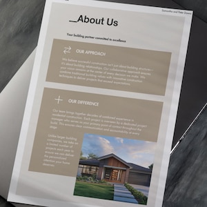 May include: A page from a brochure about a home building company. The text highlights the company's collaborative approach and their commitment to delivering projects that exceed expectations. The page also features a photo of a modern home with a brick exterior and a walkway leading to the front door.
