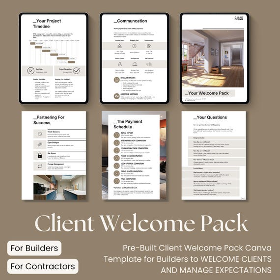 Construction Client Welcome Pack Onboarding Template for Canva, Google Slides and Powerpoint. Used by Builders Contractors