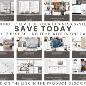 May include: A collage of 12 interior design templates for business systems. The templates include a pre-consult guide, client timeline handout, packages and pricing guide, notion project proposal, design consultation notebook, project proposal template, client questionnaire, project contract, FF&E finishes product specification spreadsheet, FF&E furniture, fixtures and equipment finishes schedule, room by room project tracker, and project closure packet. The text "LOOKING TO LEVEL UP YOUR BUSINESS SYSTEMS? SAVE TODAY GET 12 BEST SELLING TEMPLATES IN ONE PACK" is displayed in large, bold letters.