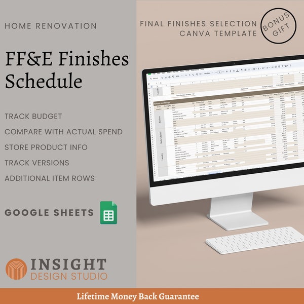 Home Renovation FF&E Finishes Schedule | Google Sheets Spreadsheet | Project Management | Budget Tracker | Furniture