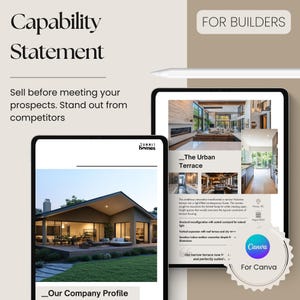 May include: A digital marketing capability statement for builders, featuring a modern home with a large terrace. The statement highlights the benefits of using the service to sell homes before meeting prospects. The text includes the phrase "Our Company Profile" and "The Urban Terrace".
