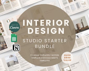 Plus de 190 pages - Ensemble complet de packs de démarrage pour Studio de décoration d'intérieur - 14 modèles - Canva - Feuilles de calcul Google - Excel - Proposition payante - Présentation