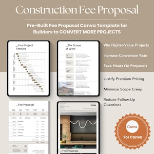 May include: A digital marketing graphic for a construction fee proposal template. The design includes a project timeline, scope of work, and proposal examples. Text includes "Construction Fee Proposal" and "Canva For Canva."