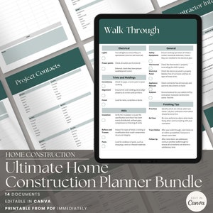 Könnte beinhalten: Ein digitales Planer-Paket für Hausbauprojekte. Das Cover zeigt ein grünes und weißes Design mit dem Text "Ultimate Home Construction Planner Bundle". Das Paket enthält 14 Dokumente, ist in Canva bearbeitbar und als PDF druckbar.