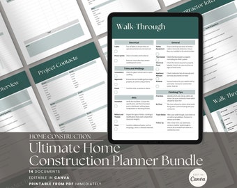 May include: A digital planner bundle for home construction projects. The cover features a green and white design with the text "Ultimate Home Construction Planner Bundle". The bundle includes 14 documents, is editable in Canva, and printable from PDF.