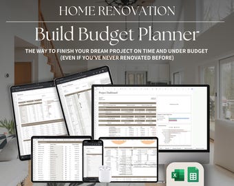 May include: A computer screen displaying a spreadsheet with the title "Project Dashboard". The spreadsheet is part of a home renovation budget planner. The text "Home Renovation Build Budget Planner" is displayed at the top of the image. The text "The way to finish your dream project on time and under budget (even if you've never renovated before)" is displayed below the title.