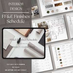 May include: A digital tablet mockup displaying a template for an FF&E Finishes Schedule. The template includes a title, space for a studio name, project or client name, and a section for notes. The tablet is surrounded by various fabric swatches and a wooden board.
