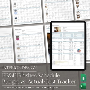 May include: A digital tablet displaying a spreadsheet with the title "FF&E Finishes Schedule Budget vs. Actual Cost Tracker". The spreadsheet is divided into columns with headings such as "Item", "Description", "Budget", "Actual", and "Variance". The spreadsheet also includes a pie chart showing the percentage of budget spent on different categories.