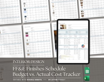 Interior Design Product Specification Schedule with Budget Comparison, Client approval and delivery status. For Google Sheets.