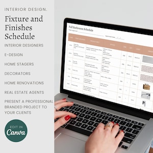 May include: A laptop computer displaying a spreadsheet titled "Full Bathroom Schedule". The spreadsheet lists various bathroom fixtures and finishes with corresponding descriptions and prices. The laptop is open and a person's hands are typing on the keyboard.