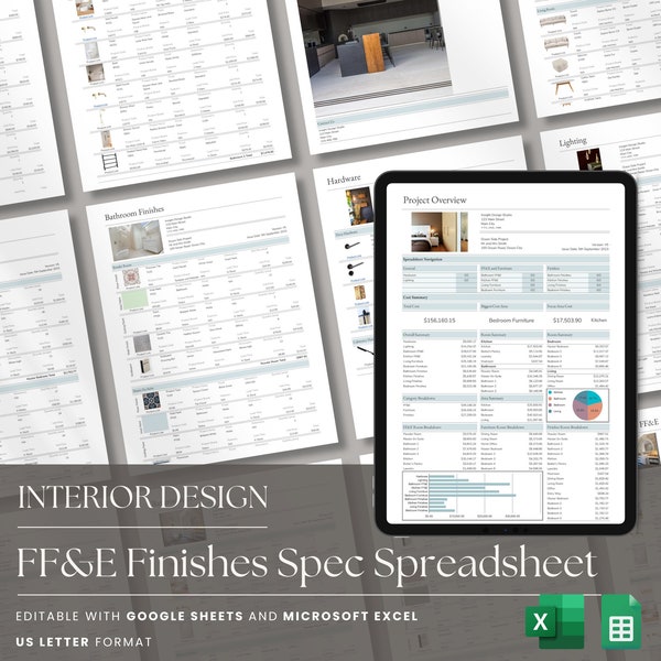 Interior Design FFE Finishes Schedule Product Specification, Furniture Finishes Fittings E-Design Google Sheets Dashboard Spreadsheet