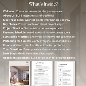 May include: A graphic with the text "What's Inside?" and a list of topics related to building a home, including "Welcome", "About Us", "Meet Your Team", "Key Phases", "Project Timeline", "Payment Schedule", "Sustainable Practices", "Partnering for Success", "Communication", "Your Questions", "Next Steps", and "Upcoming Milestones". The graphic also includes three smaller graphics with the titles "Next Steps", "Sustainable Practices", and "Your Welcome Back".