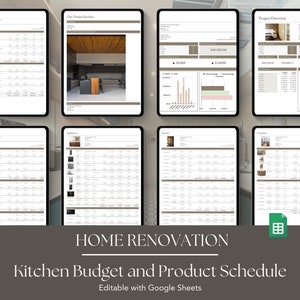 Kitchen Renovation Home Remodel Google Sheets Product Specification Budget Template, Finishes FF&E Furniture, Plumbing Schedule