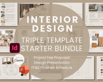 Interior Design Business Template Starter Bundle - Fee Proposal, FFE Finishes Schedule and Design Presentation Canva Powerpoint InDesign