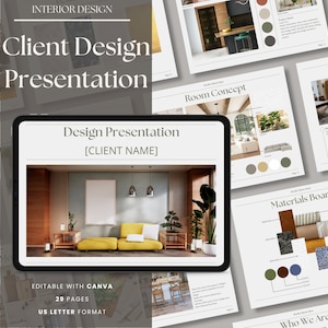 Interior Design Concept Design Presentation Template with Moodboards, Shopping Lists and Material Selection Canva