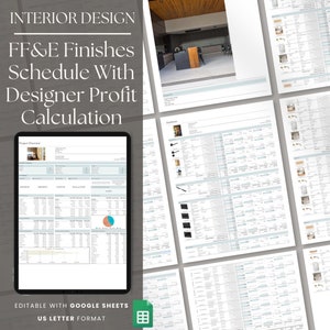 May include: A Google Sheets spreadsheet template for interior designers to create an FF&E finishes schedule with designer profit calculation. The template includes a project overview, a list of items, and a pie chart showing the breakdown of costs. The template is editable and in US Letter format.