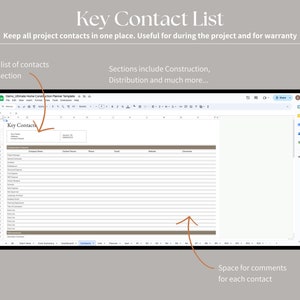 Puede incluir: Una captura de pantalla de un programa de hoja de c&aacute;lculo con el t&iacute;tulo "Lista de contactos clave". La hoja de c&aacute;lculo tiene columnas para la informaci&oacute;n de contacto, incluido el nombre de la empresa, la persona de contacto, el n&uacute;mero de tel&eacute;fono, el correo electr&oacute;nico y las notas. La hoja de c&aacute;lculo est&aacute; dise&ntilde;ada para ayudar a los usuarios a realizar un seguimiento de todos los contactos del proyecto en un solo lugar.
