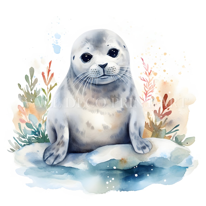 May include: A watercolor painting of a grey seal pup sitting on a white rock with blue water and colorful seaweed behind it.