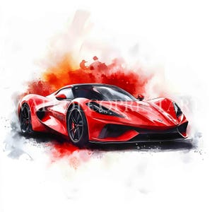 K&ouml;nnte beinhalten: Ein rotes Sportwagen mit schwarzen R&auml;dern und schwarzem Innenraum, im Aquarell-Stil auf einem wei&szlig;en Hintergrund mit roten und orangen Aquarell-Spritzen dargestellt.