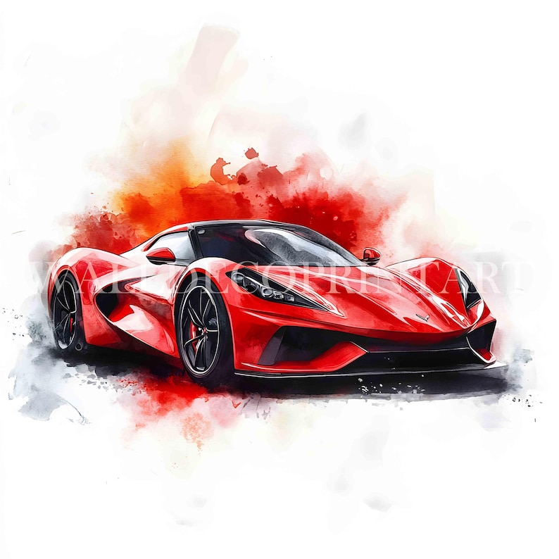 K&ouml;nnte beinhalten: Ein rotes Sportwagen mit schwarzen R&auml;dern und schwarzem Innenraum, im Aquarell-Stil auf einem wei&szlig;en Hintergrund mit roten und orangen Aquarell-Spritzen dargestellt.