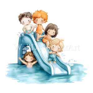 10 kinderen in waterpark clipartset - afbeeldingen van hoge kwaliteit - digitale download - commercieel gebruik aquarel afdrukbare media digitale papierkunst
